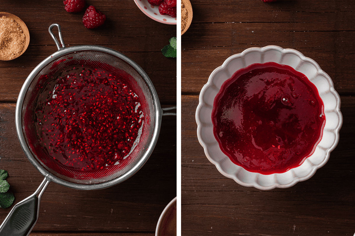 Two side-by-side images: the left shows raspberry sauce being strained to remove seeds; the right shows the smooth, seedless raspberry sauce in a white bowl.