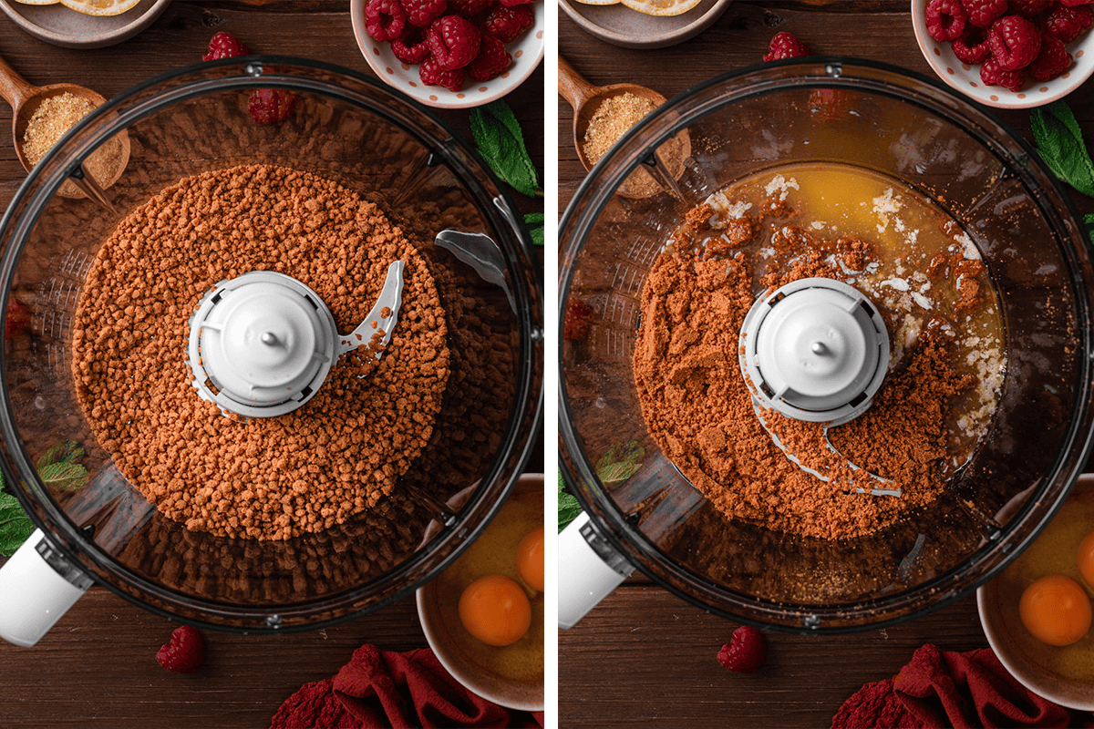 Side-by-side images show a food processor with crushed cookies on the left, and on the right, melted butter and sugar have been added to the mixture. 