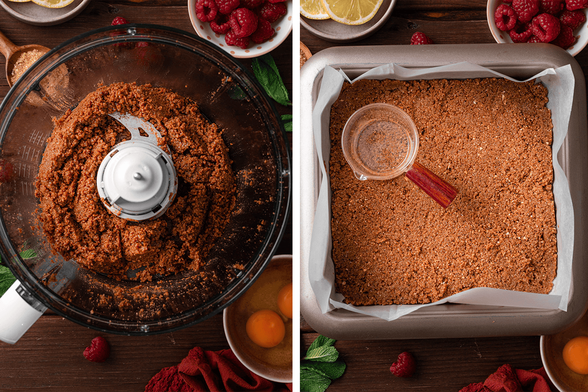 A food processor with crumb mixture and a baking dish lined with parchment, filled with the crumb base. 