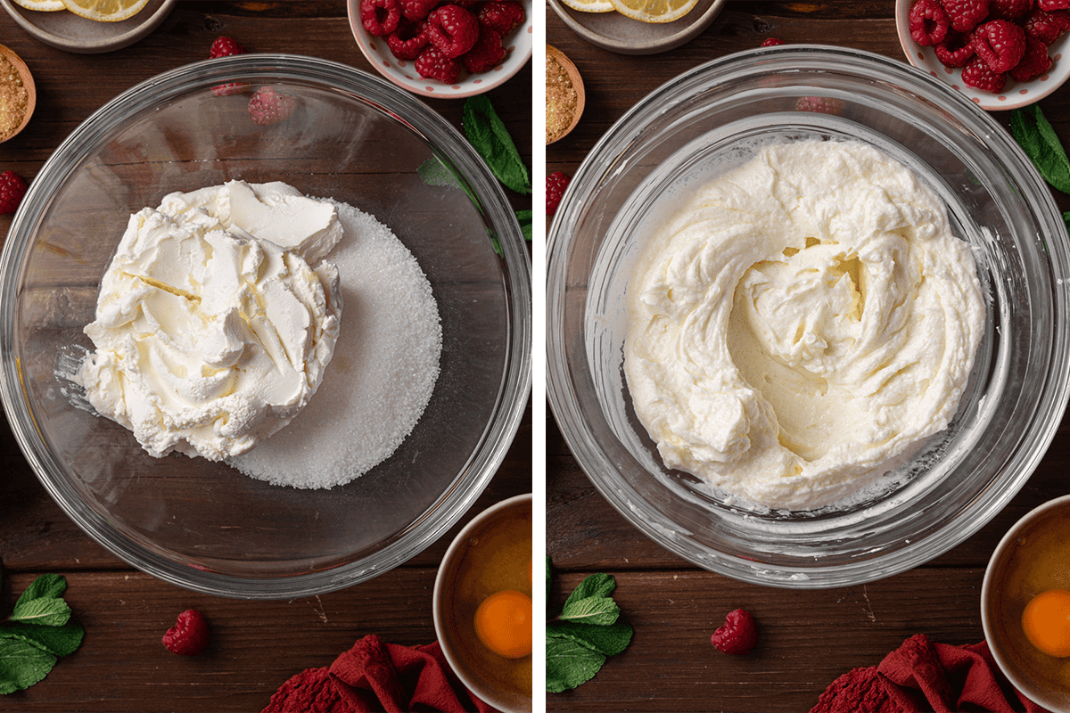 Two glass bowls: the left has cream cheese and sugar, the right has the mixture whipped together. 
