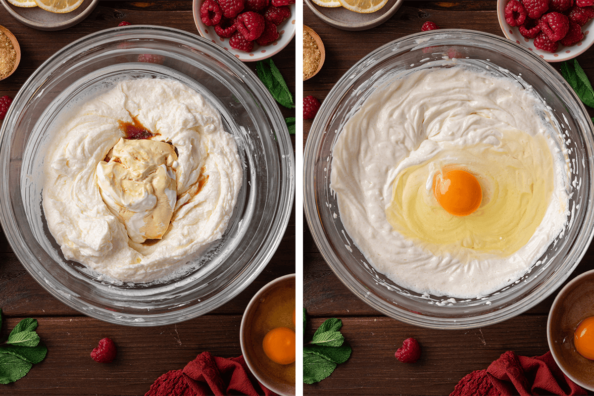 Two side-by-side images show a glass bowl with creamy cheesecake filling. The left has vanilla added; the right has an egg on top. 
