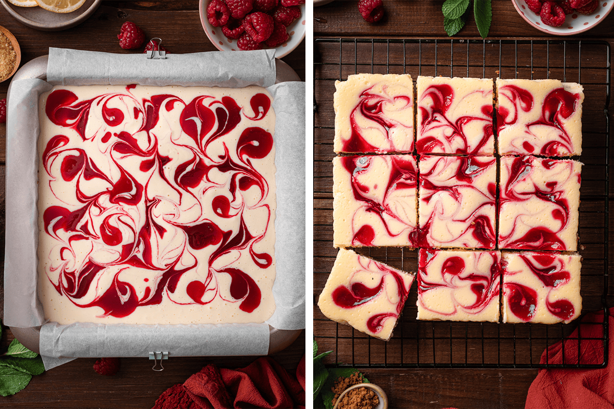 Unbaked raspberry swirl cheesecake in a parchment-lined pan on the left; on the right, the baked cheesecake cut into squares, displayed on a cooling rack. 