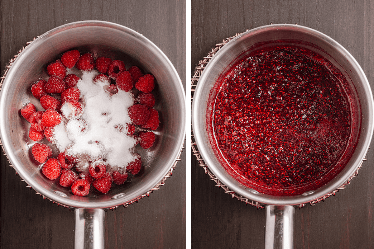 Side-by-side images of a saucepan: left shows fresh raspberries topped with sugar, right shows the raspberries cooked down into a thick, bubbling sauce.
