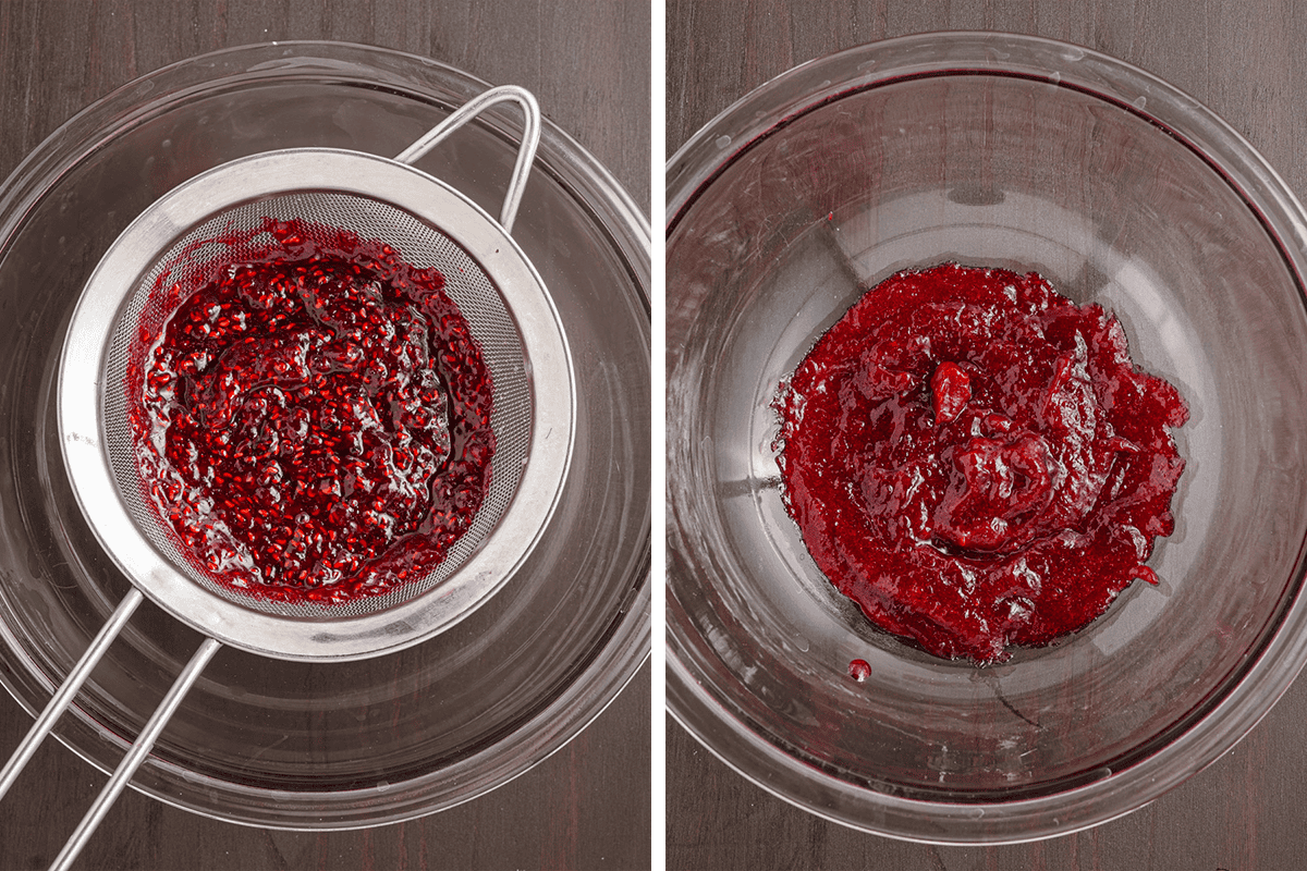 Two images side by side: the left shows a metal strainer with mashed berries over a glass bowl, and the right shows smooth berry puree.