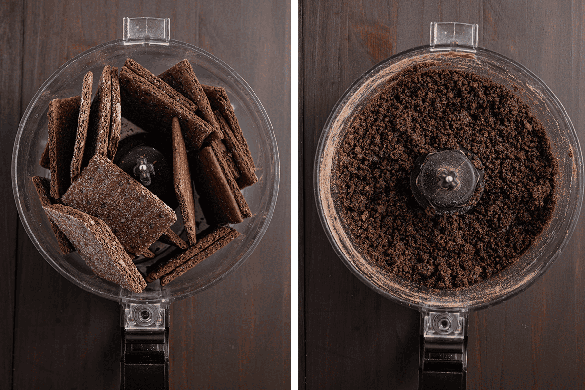 Two side-by-side photos of a food processor: the left shows whole chocolate grahams inside, and the right shows the grahams finely crushed into crumbs.