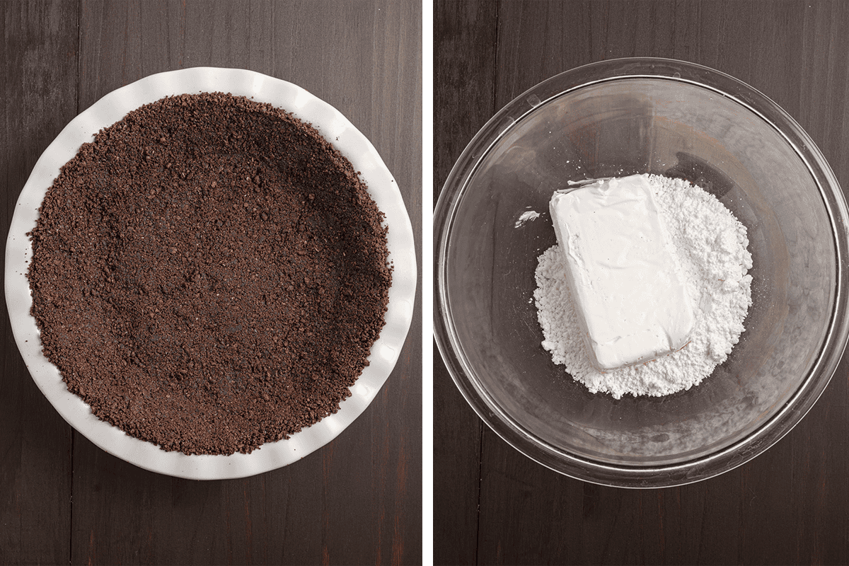 Left: A pie dish with a chocolate cookie crust. Right: A glass bowl containing a block of cream cheese and powdered sugar. 