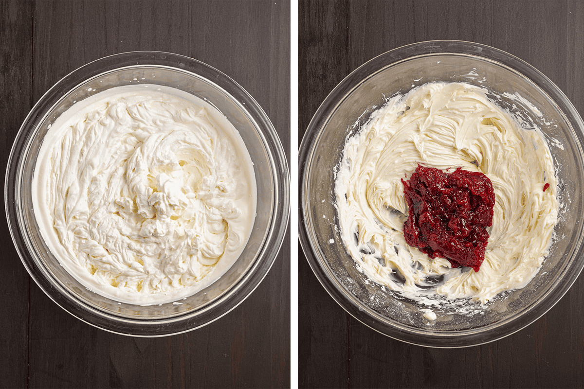 Two glass bowls with creamy mixture; the left bowl contains only the cream, while the right bowl shows cream with a dollop of red berry mixture added on top, both on a dark surface.