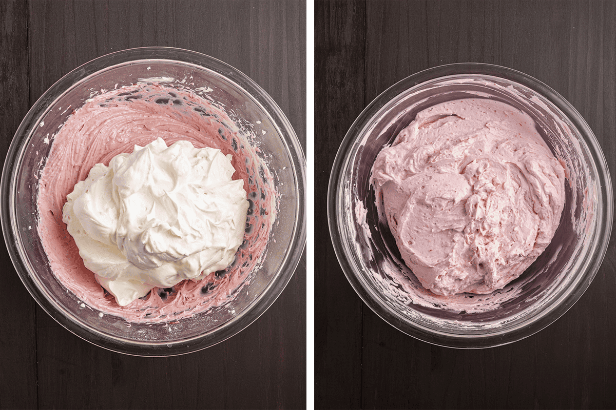 Two glass bowls on a dark surface: the left bowl contains white whipped cream on top of pink mixture; the right bowl shows the two mixed into a light pink, fluffy mixture.