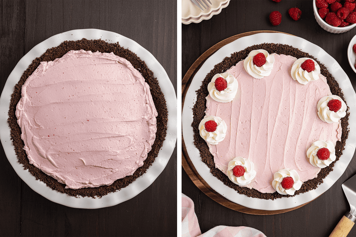 Side-by-side images of a pink pie with a chocolate crust. Left: pie with smooth pink filling. Right: pie decorated with whipped cream swirls and raspberries arranged around the edge.
