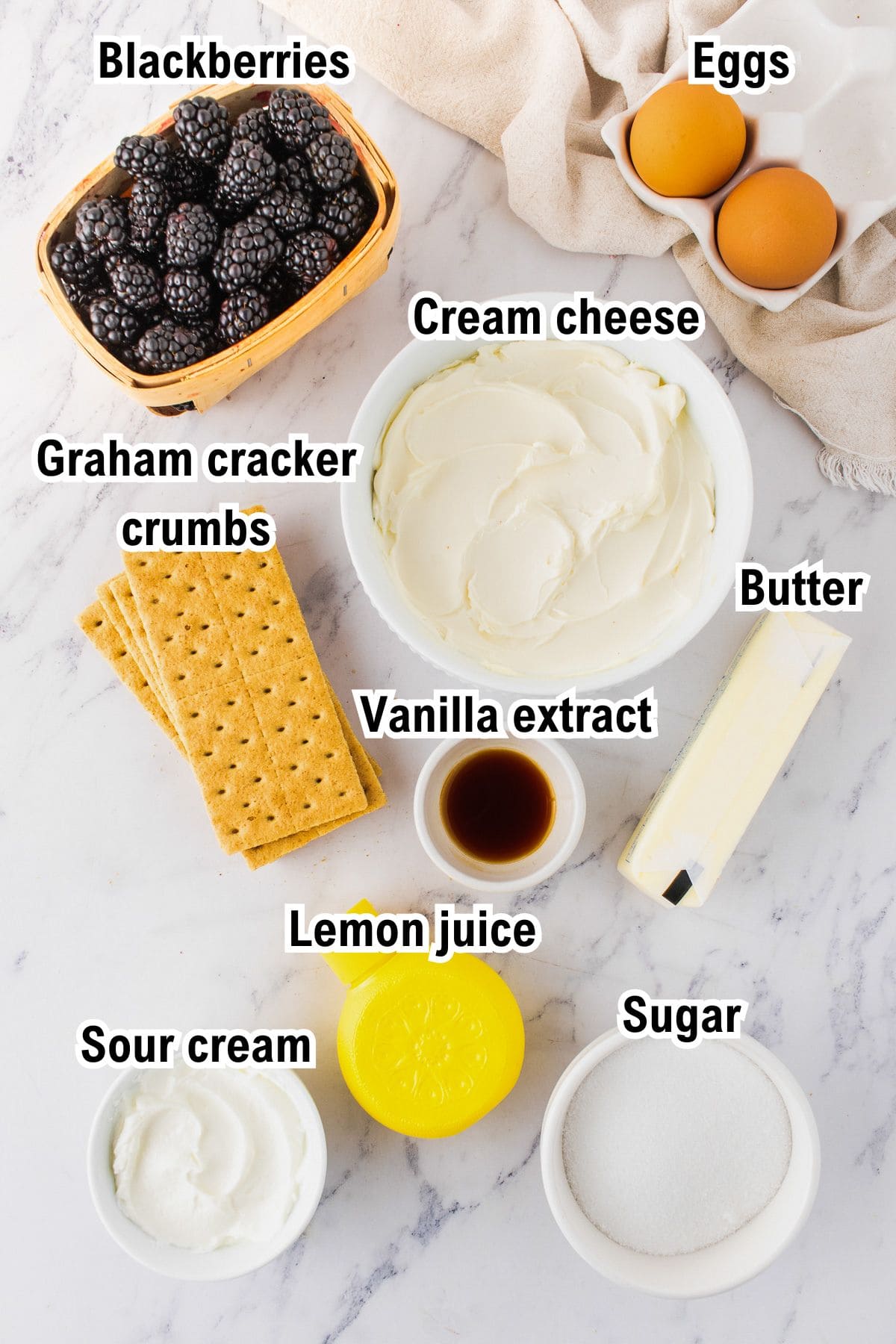 Top-down view of labeled blackberry cheesecake ingredients on a marble surface: blackberries, eggs, cream cheese, graham cracker crumbs, butter, vanilla extract, lemon juice, sour cream, and sugar.