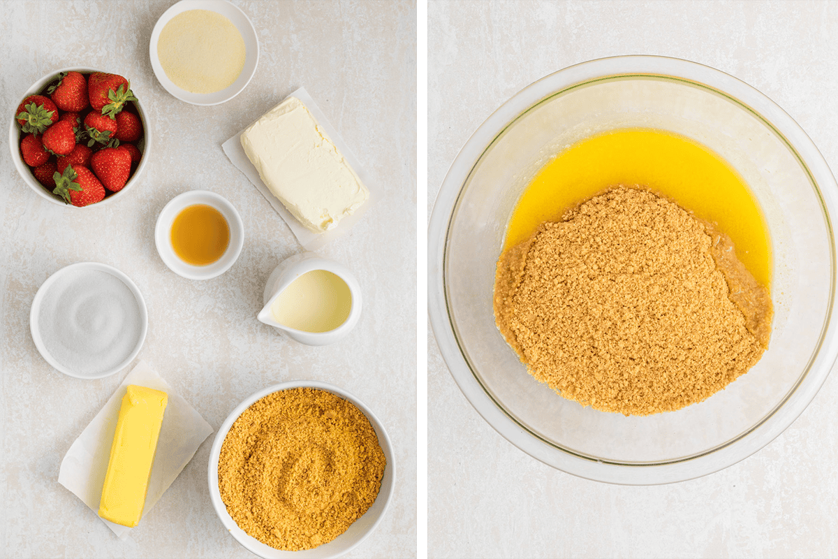 Left: Ingredients for a dessert including strawberries, cream cheese, butter, sugar, vanilla, heavy cream, and graham cracker crumbs. Right: Graham cracker crumbs mixed with melted butter in a glass bowl.