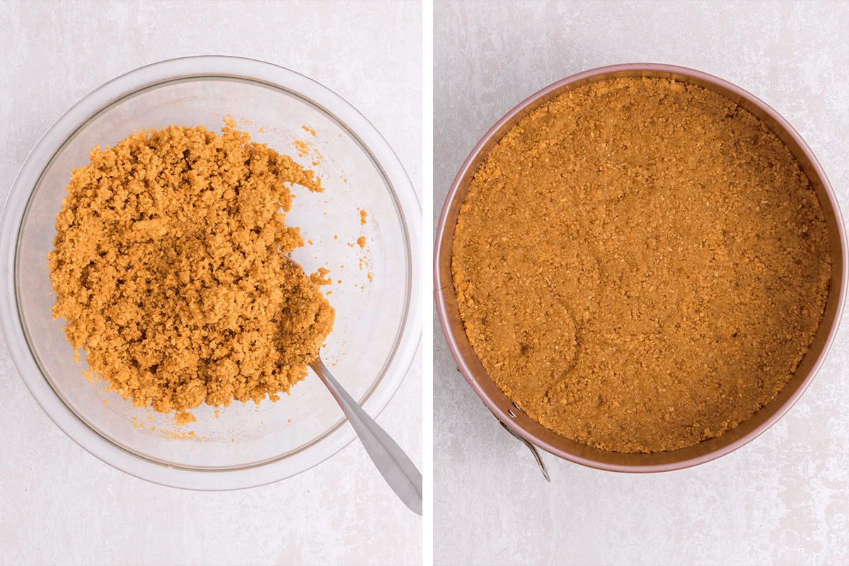 Left: A glass bowl with crumbly graham cracker crust mixture and a spoon. Right: The crust mixture pressed evenly into a round baking pan.