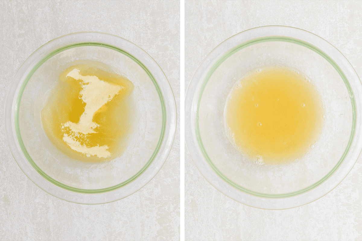 Two glass bowls on a light surface: the left bowl contains partially gelatin, while the right bowl shows smooth gelatin.