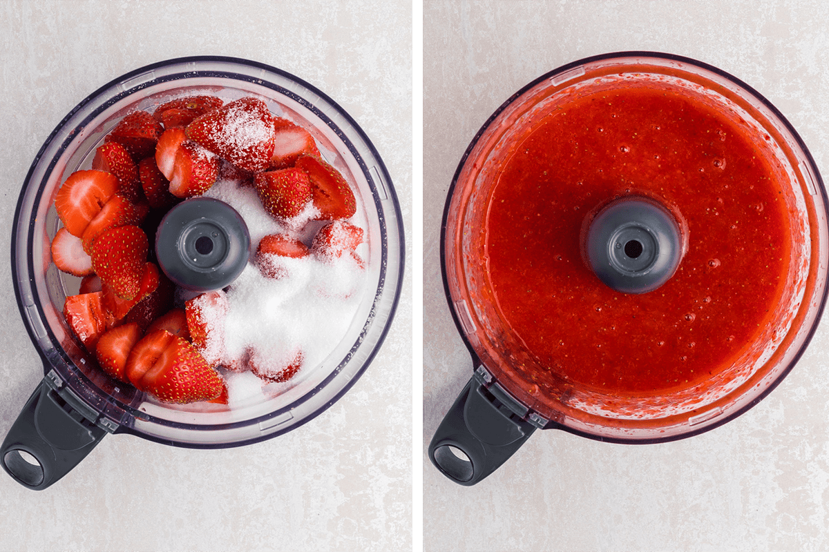 Two side-by-side images: left, sliced strawberries and sugar in a food processor; right, the ingredients blended into a smooth, red strawberry puree.
