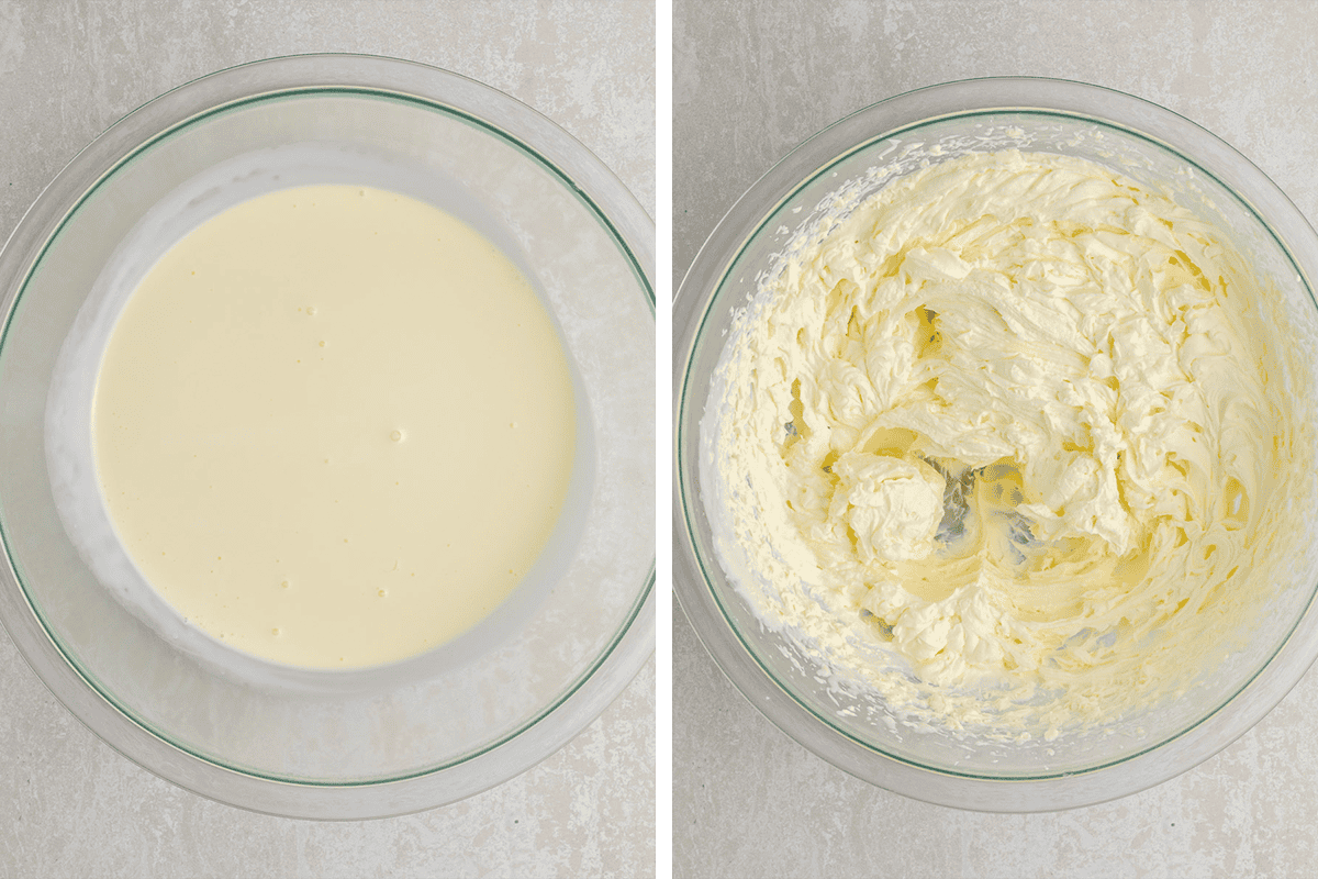 Two glass bowls: the left contains smooth heavy cream; the right contains thick, fluffy, pale yellow whipped cream mixture. 