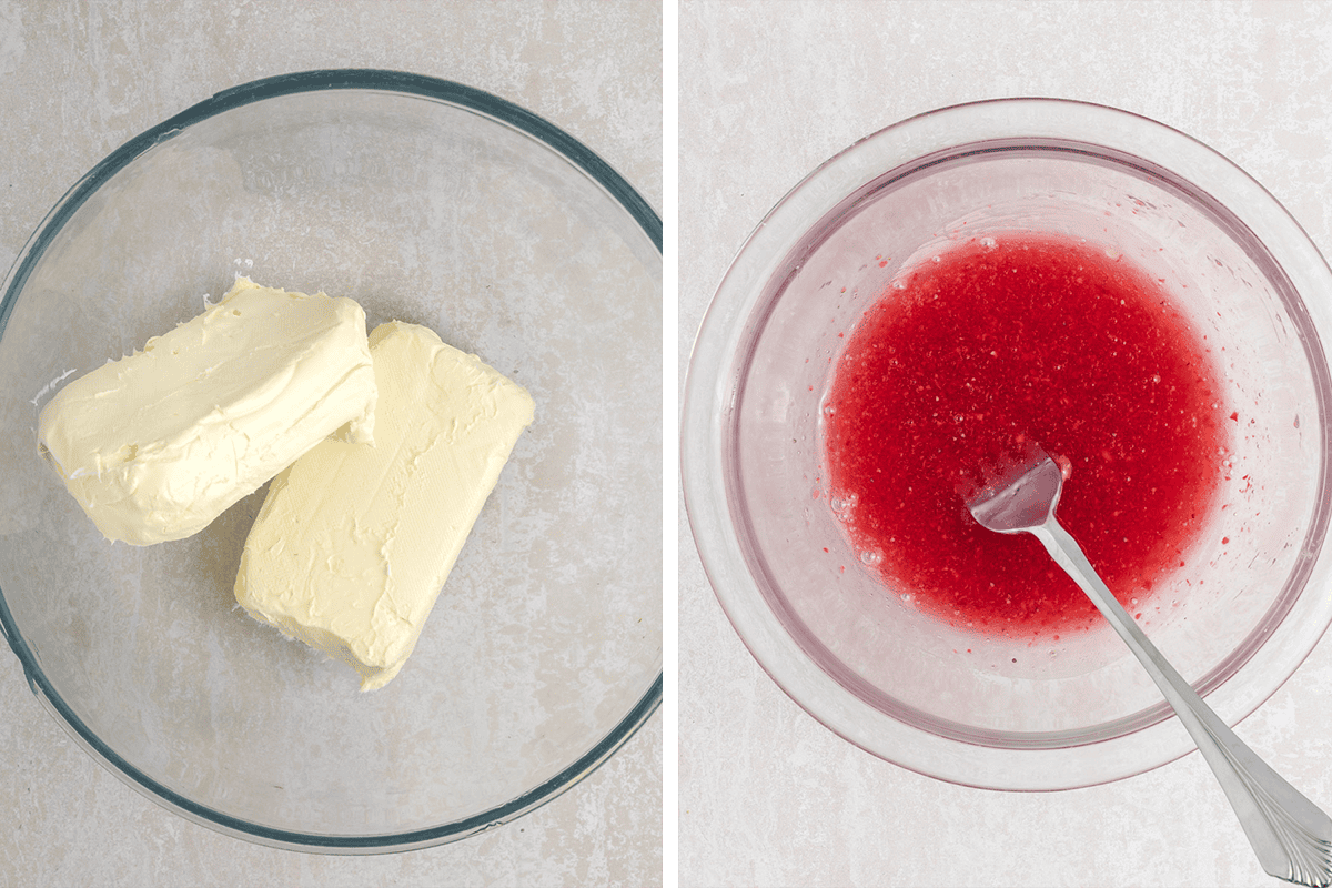 Two side-by-side glass bowls: the left contains cream cheese, and the right contains a red liquid mixture.