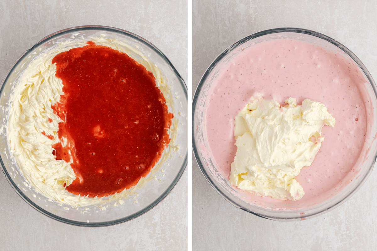Two glass bowls: one with whipped cream cheese and strawberry sauce, the other with a pink mixture and a dollop of whipped cream on top. 