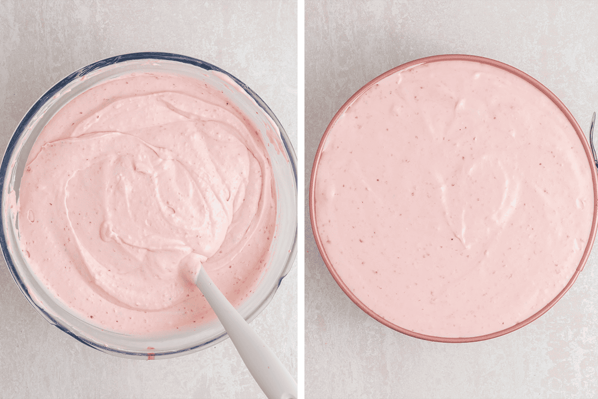 Two bowls filled with pink, creamy mixture, each with a smooth, swirled surface. One bowl has a spatula resting inside, while the other bowl is full and undisturbed. 