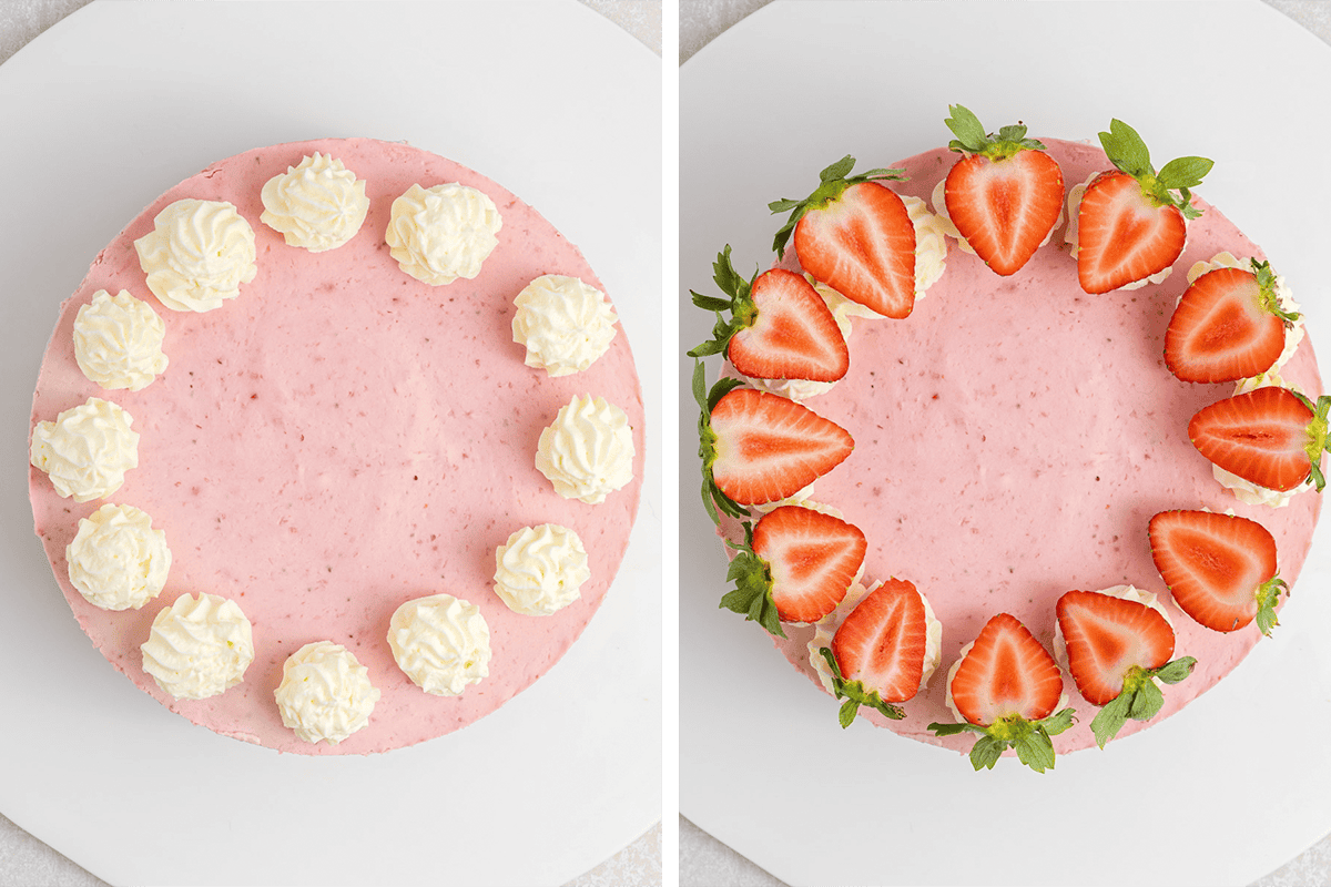 Two pink frosted cakes shown from above: one topped with dollops of white cream, the other topped with alternating dollops of cream and halved strawberries with green leaves.