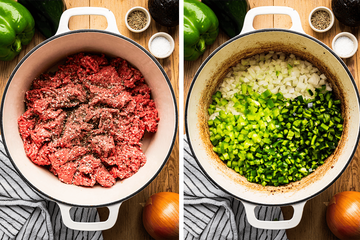How to Make Beef Chili Side-by-side images of a white pot: the left shows raw ground beef with seasonings; the right shows chopped onions and green peppers sautéing. Both are surrounded by fresh vegetables and seasonings on a wooden surface.