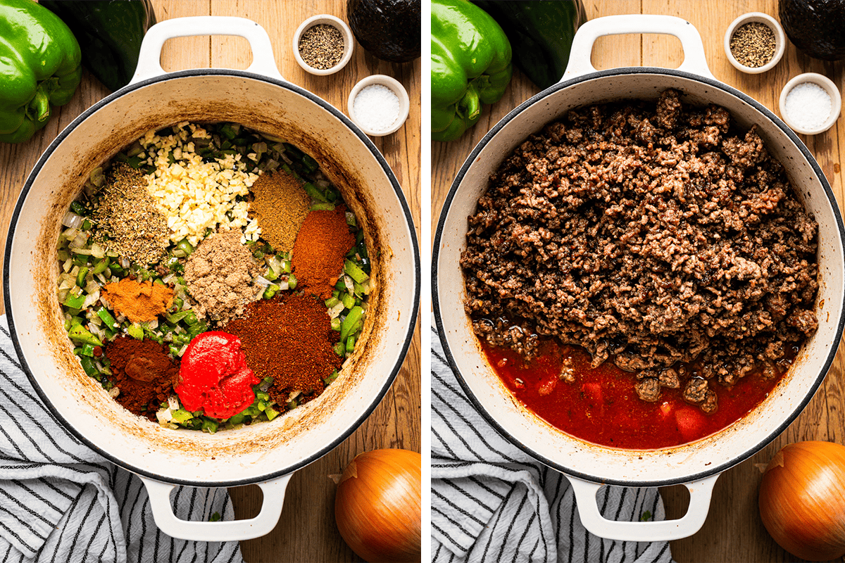 How to Make Beef Chili Side-by-side images: Left, chopped vegetables, tomato paste, and spices in a white pot. Right, the same pot now filled with browned ground beef and sauce. Ingredients are also arranged around the pot on a wooden surface.