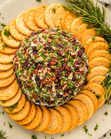 Cheese Ball coated with pumpkin seeds, pecans, dried cranberries, and chives and surrounded by crackers.