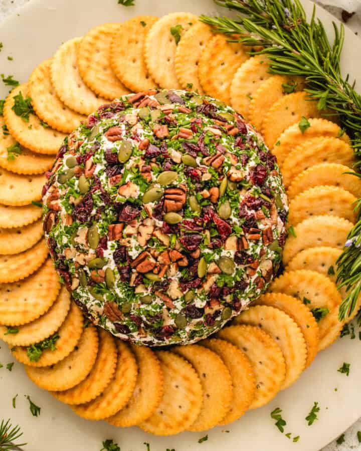 Cheese Ball coated with pumpkin seeds, pecans, dried cranberries, and chives and surrounded by crackers.