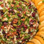 Cheese Ball coated with pumpkin seeds, pecans, dried cranberries, and chives and surrounded by crackers.