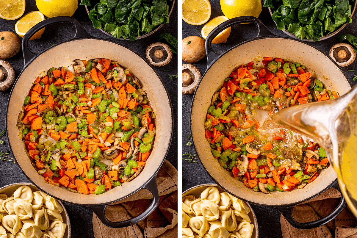 Cooking chopped onion, carrots, celery, and mushrooms in olive oil in a large stockpot; then pouring in chicken stock.