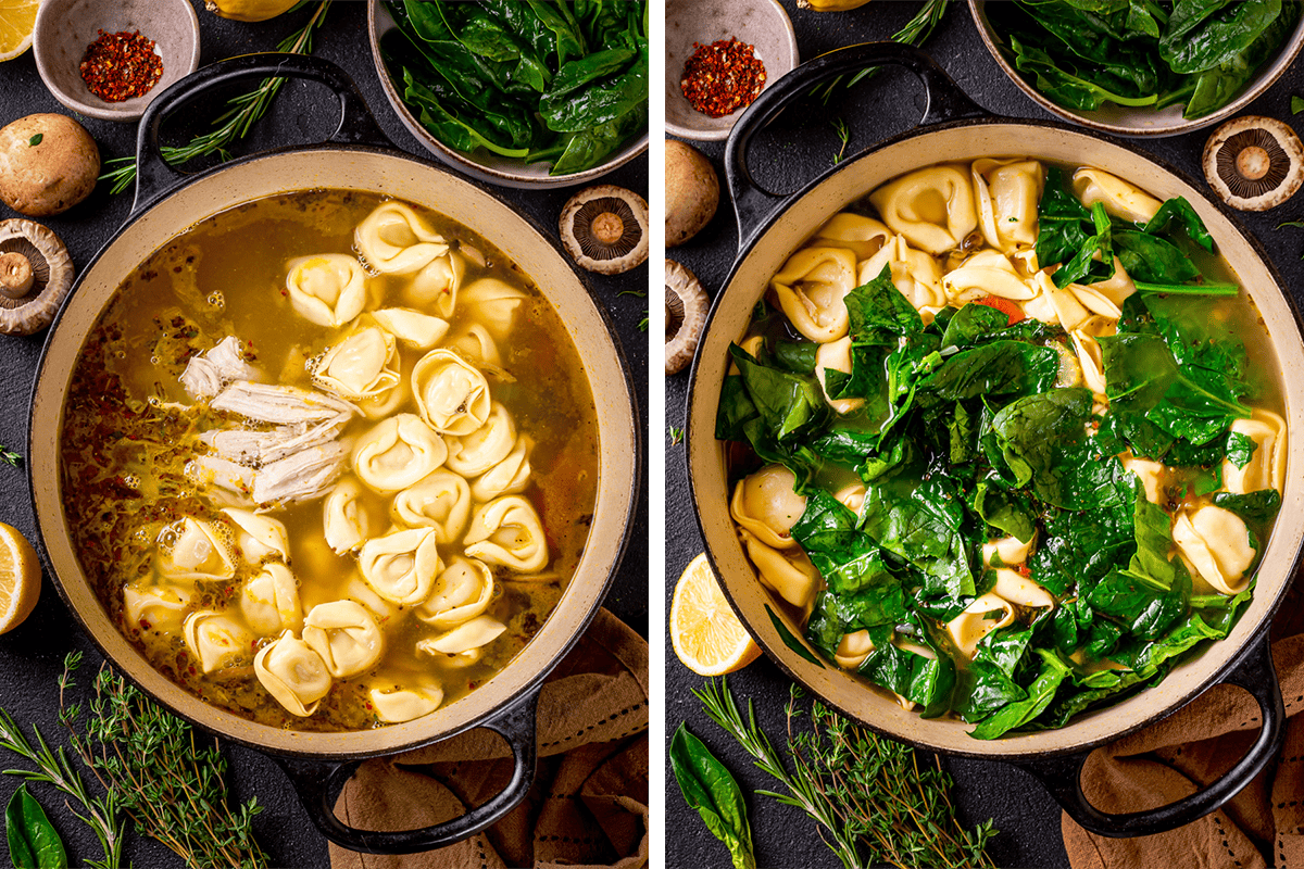 Adding shredded cooked chicken and tortellini to the broth in the stockpot; then adding spinach and lemon juice,