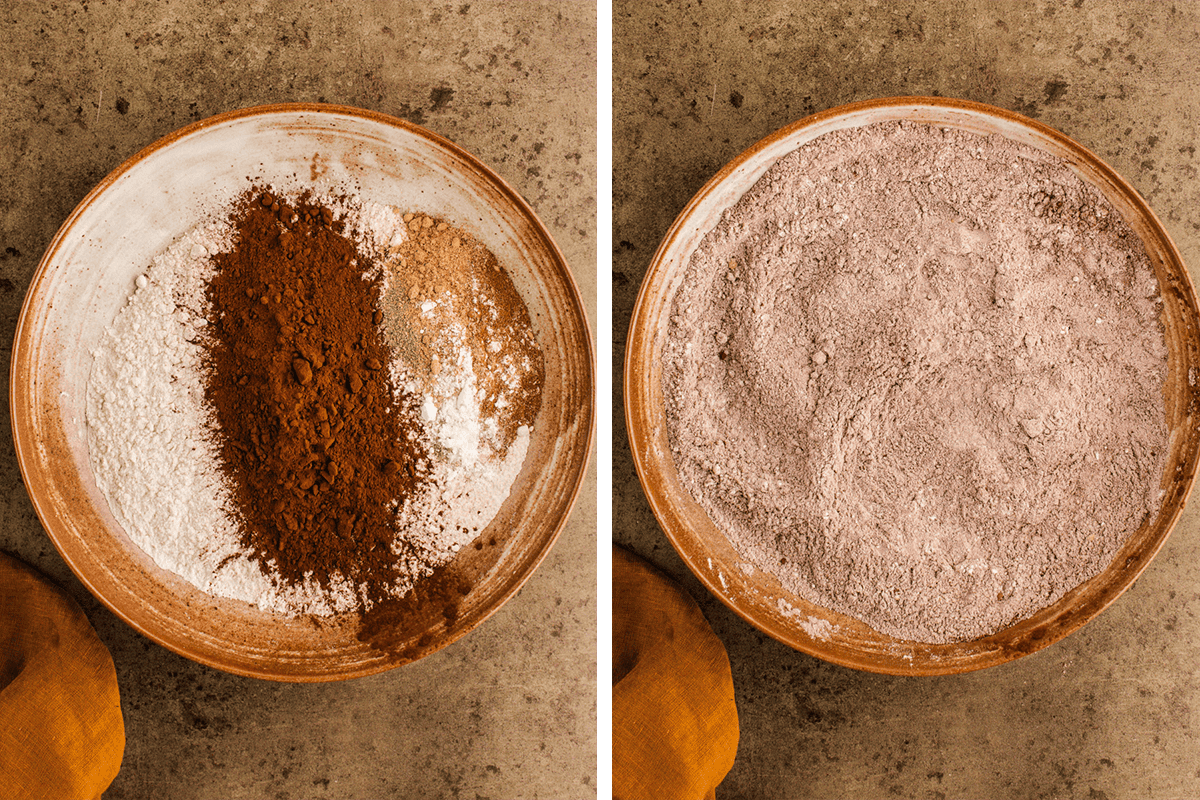 Whisking the dry ingredients in a medium bowl (flour, cocoa, baking powder, baking soda, ginger, cardamom, cinnamon, salt).