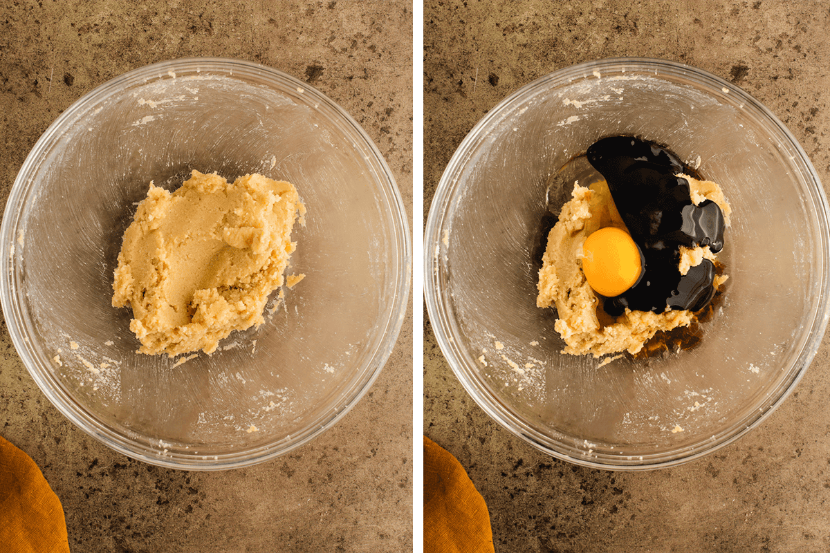 Beating butter with granulated and light brown sugar until fluffy in a large bowl; then adding molasses, egg, and vanilla. to the same bowl.