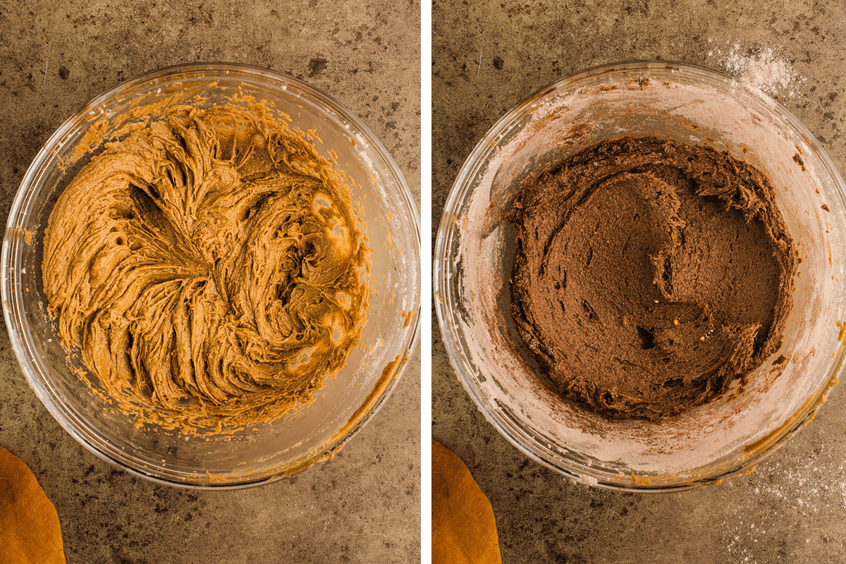 Combining the wet and dry ingredients together in a bowl.