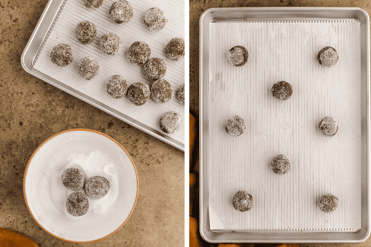 Scooping small cookie balls, rolling them in granulated sugar, then arranging them on parchment paper lined baking sheet.
