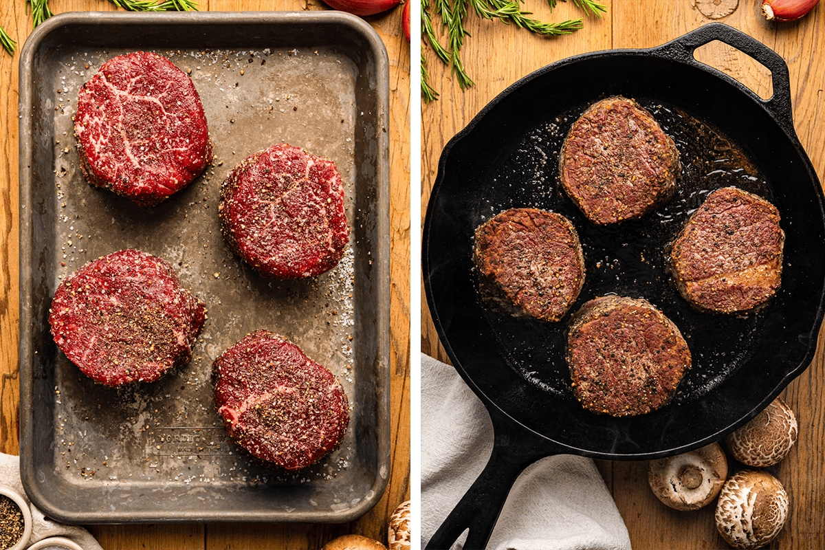 Four raw, seasoned filet mignon steaks on a baking sheet (left) and the same four steaks being seared in a black cast iron skillet (right), surrounded by herbs and mushrooms on a wooden surface.