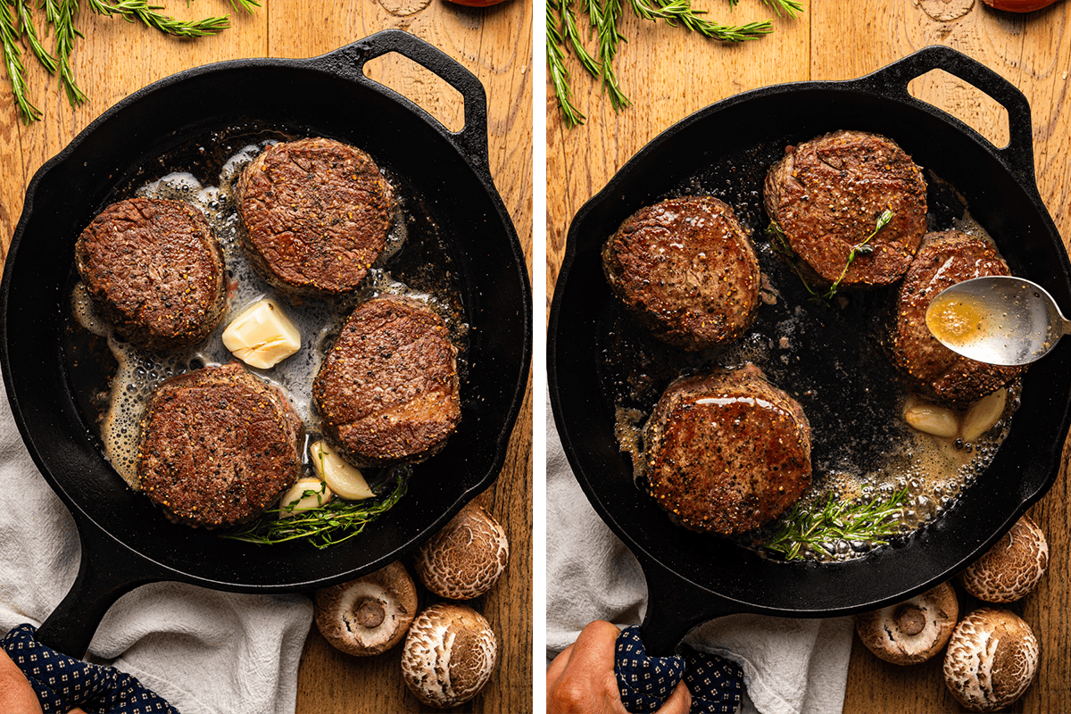 Side-by-side images of filet mignon steaks cooking in a cast-iron skillet with melting butter, garlic, and herbs; one image shows a spoon basting the steaks. Raw mushrooms and rosemary are nearby on a wooden surface.