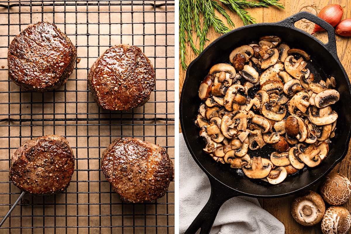 Four cooked filet mignon steaks rest on a cooling rack on the left, while sliced mushrooms saut&eacute; in a cast-iron skillet with fresh herbs and shallots on the right.