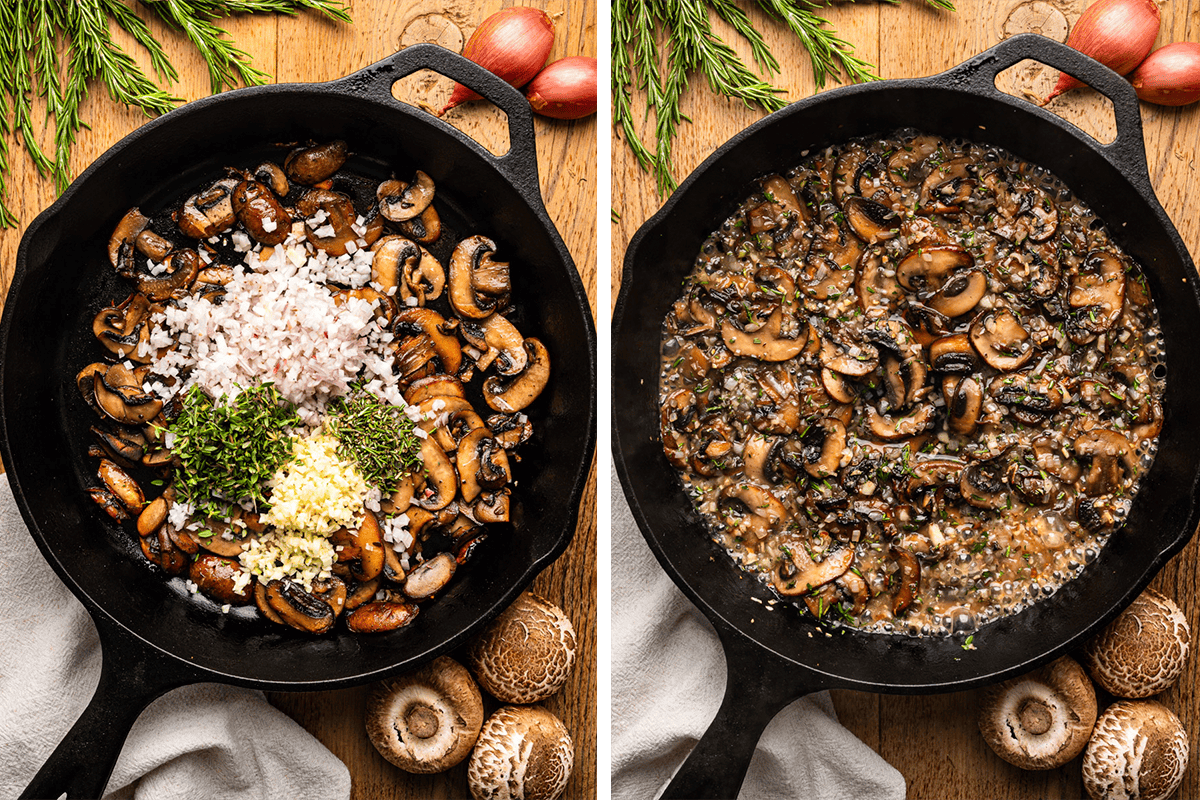 Two side-by-side images show a cast iron skillet with mushrooms. The left pan contains raw chopped shallots, garlic, and herbs on cooked mushrooms; the right pan shows the ingredients mixed and cooked together. Fresh herbs and mushrooms surround the pans.
