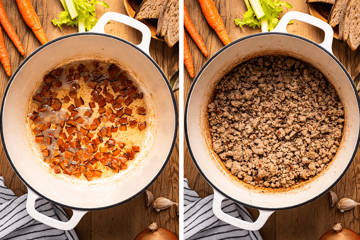 Cooking chopped bacon in a Dutch oven, then browning ground turkey in the same pan (without bacon).
