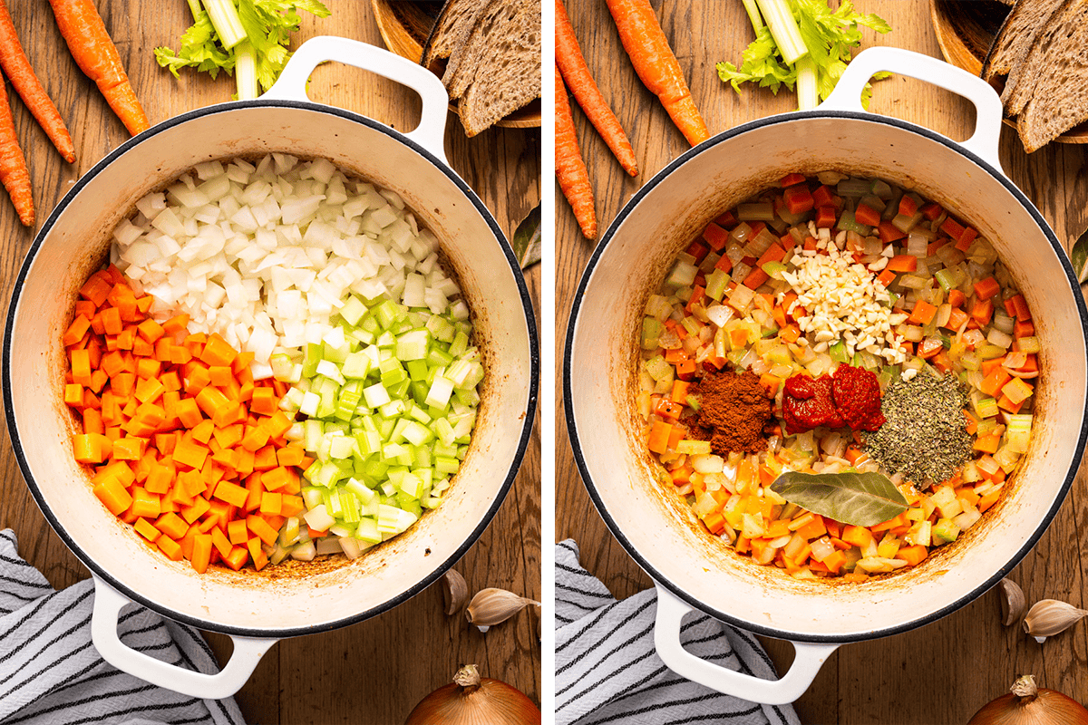 Adding olive oil, onion, chopped celery, and diced carrots to the empty Dutch oven. Then, stir in garlic, tomato paste, Italian seasoning, paprika, and the bay leaf.