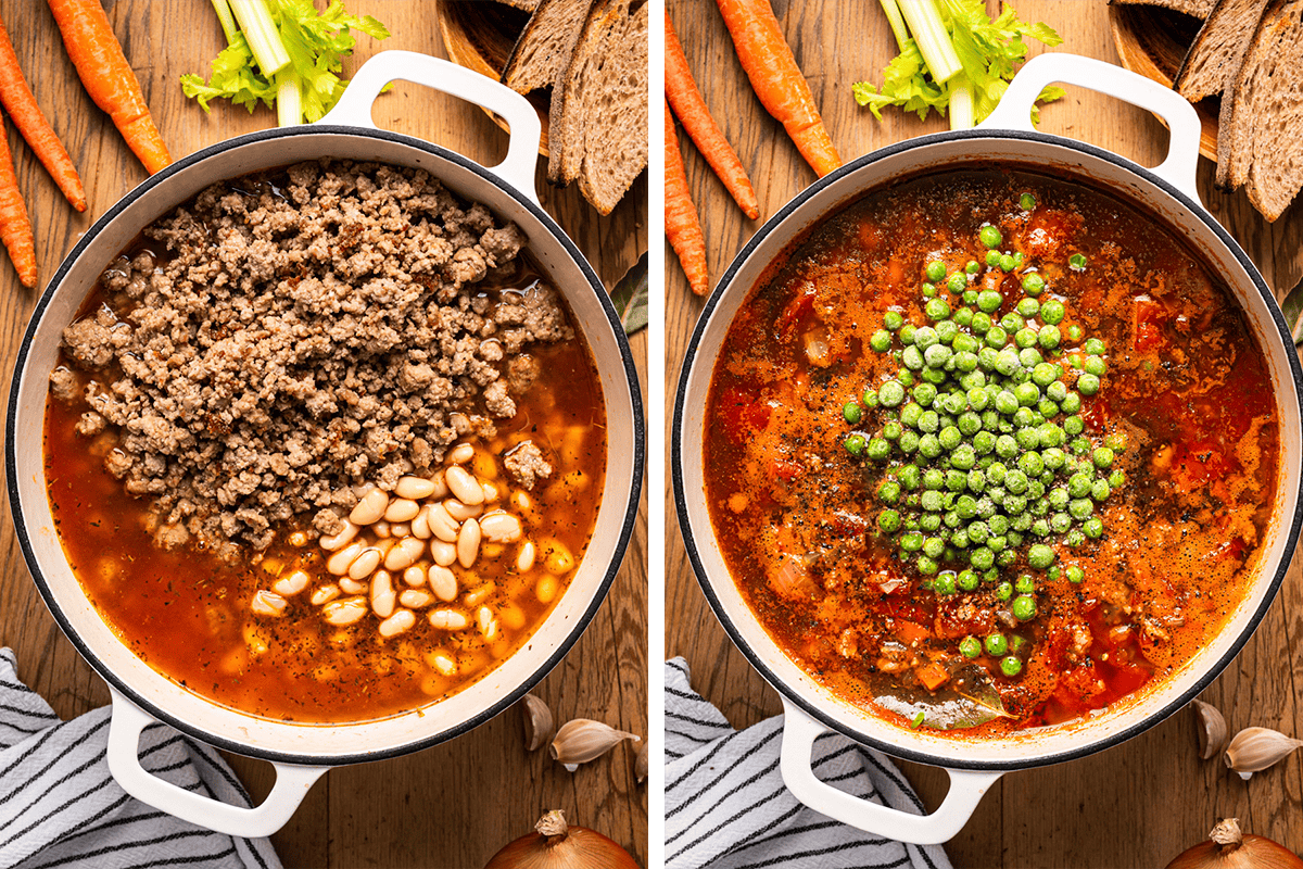 Adding tomatoes, chicken stock, beans, and the browned turkey to the Dutch oven with veggies to cook for 15 minutes, then adding peas.  