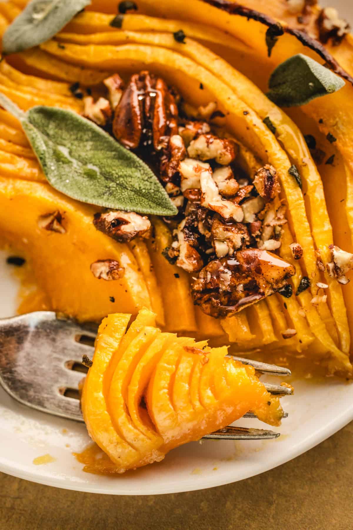 A close-up of Hasselback Butternut Squash (topped with chopped pecans).