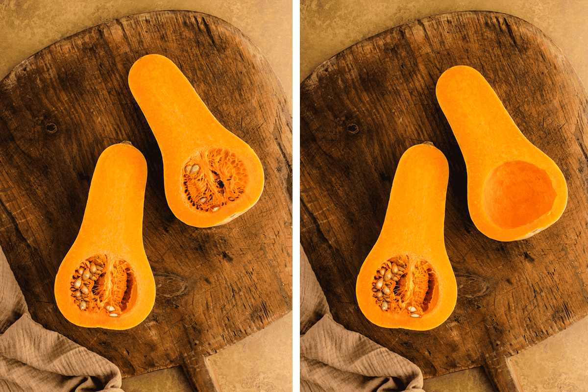 Halved squash on a cutting board; removing seeds from the squash.
