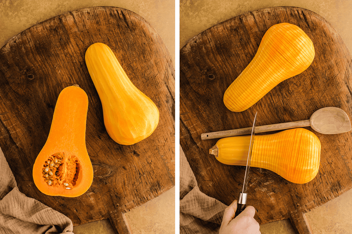 Peeling squash halves on a cutting board; then slicing the squash with a knife in a 