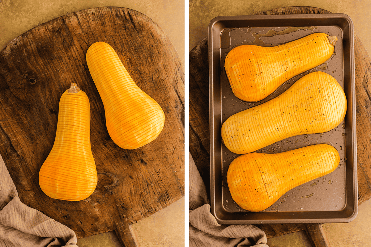 Rubbing the halved butternut squash with olive oil, salt, and pepper on a baking sheet.