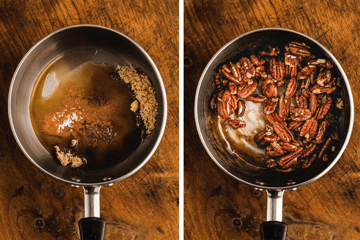 Simmering sugar, water, cinnamon, and salt in a sauce pan, then adding pecans.