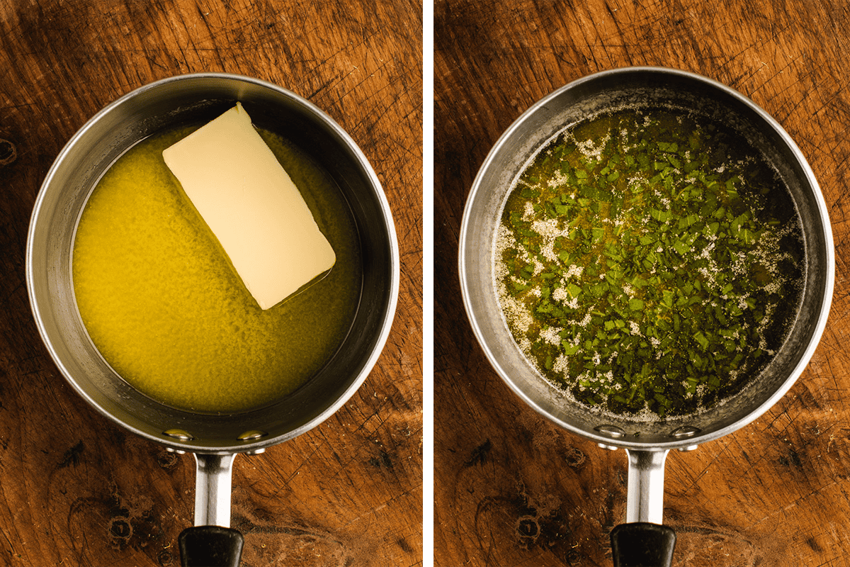 Melting butter in a small saucepan, then adding honey and chopped sage.