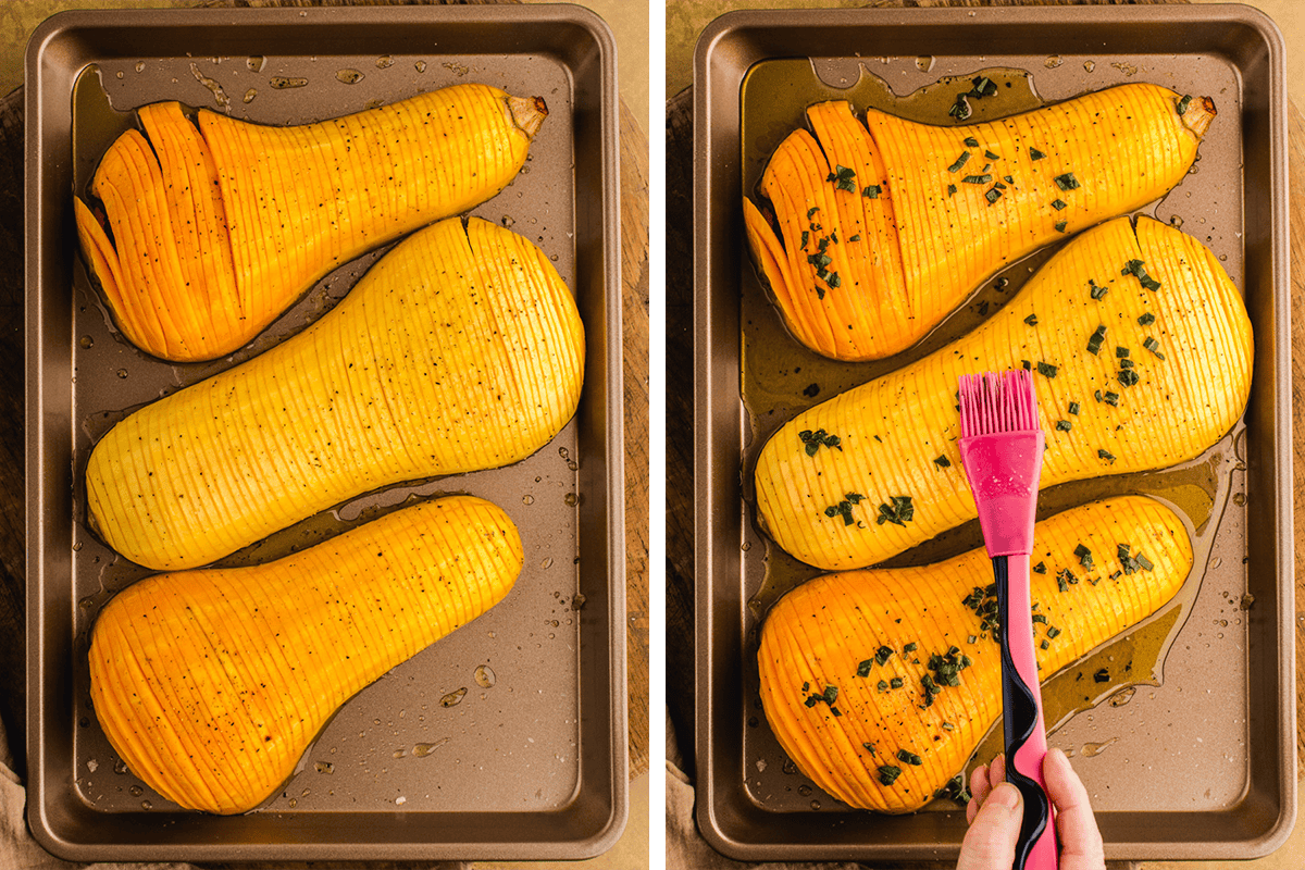 Brushing the halved butternut squash with honey-butter; then topping with fresh herbs.