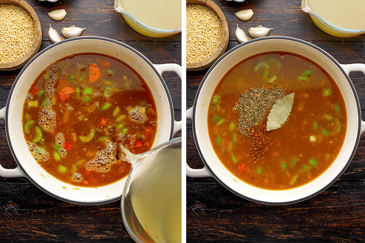 How to Make Italian Wedding Soup Two images: Left shows broth being poured into a pot with chopped vegetables. Right shows the same pot with dried herbs and a bay leaf added.