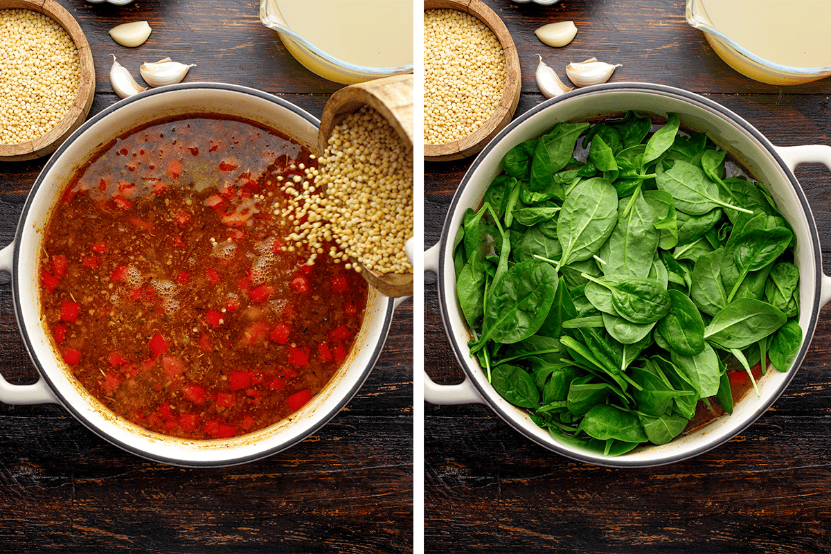 How to Make Italian Wedding Soup Side-by-side images: left shows uncooked pasta (Acini di Pepe) added to a pot with broth, spices, diced red peppers; right shows fresh spinach about to be mixed in.